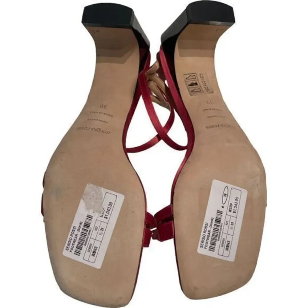 New Sergio Rossi Satin Bow Ankle Strap Block Heel Sandals Pink Size 39‎ EU 9 US